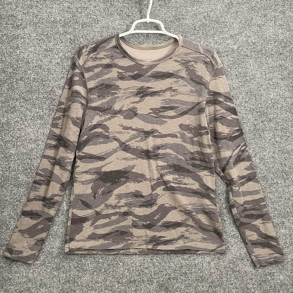 Allsaints Waffle Knit T Shirt Men's Sz XS Longline Fit Long Sleeve Brown Camo